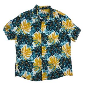 Oliver & Burke Mens 2XL Tropical Monstera Leaf Print Button Up Shirt Teal Yellow